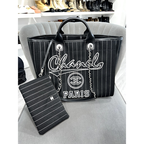 Chanel 23P Deauville Black White Stripe Large Shopping 30cm Top Handle Tote Bag - Picture 4 of 12